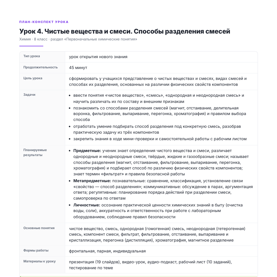 План-конспект: паспорт урока — цель, задачи, планируемые результаты, понятия. Химия, 8 класс