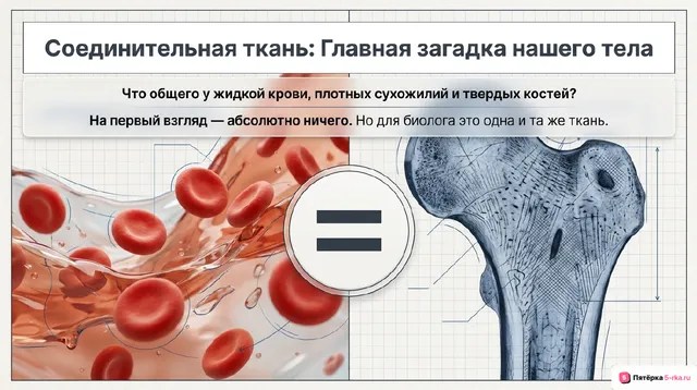 Обложка презентации к уроку «Соединительная ткань: свойства, типы клеток, характеристика межклеточного вещества»