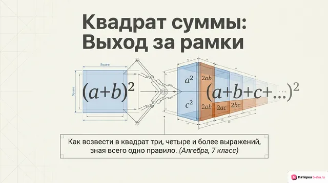 Обложка презентации к уроку «Квадрат суммы нескольких выражений»