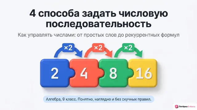 Обложка презентации к уроку «Способы задания последовательности: описательный, табличный, с помощью формулы n-го члена, рекуррентный»