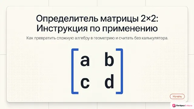 Обложка презентации к уроку «Определитель матрицы 2×2, его геометрический смысл и свойства; вычисление его значения»