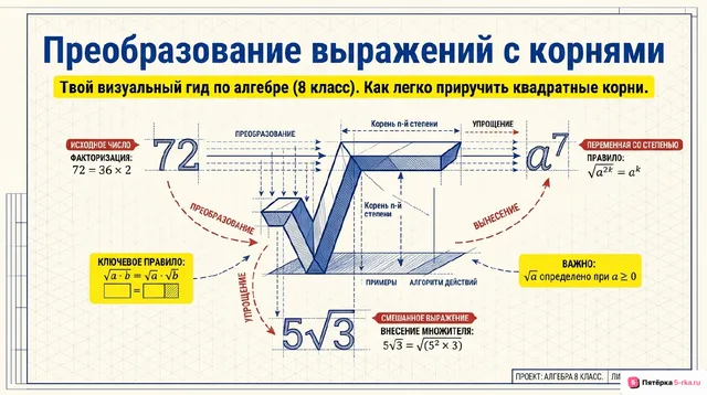 Обложка презентации к уроку «Преобразование числовых выражений, содержащих квадратные корни»