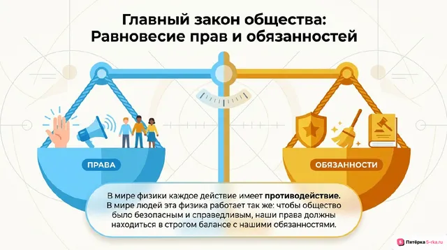 Обложка презентации к уроку «Человек в обществе: связь прав и обязанностей»
