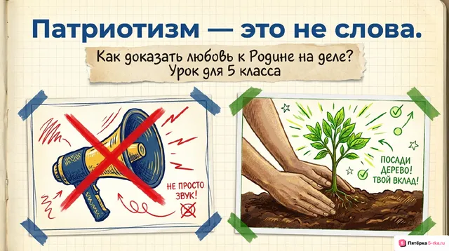 Обложка презентации к уроку «Патриотизм - не в словах, а в делах и поступках человека»