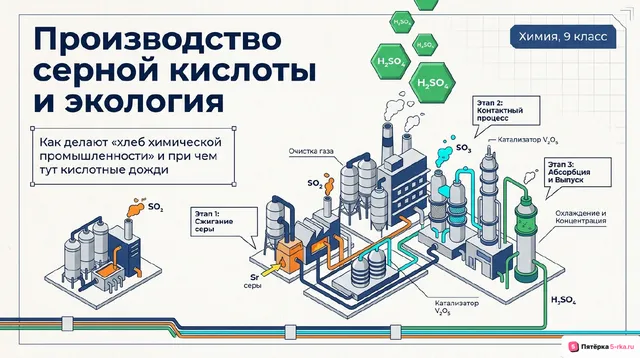 Обложка презентации к уроку «Химические реакции, лежащие в основе промышленного способа получения серной кислоты»