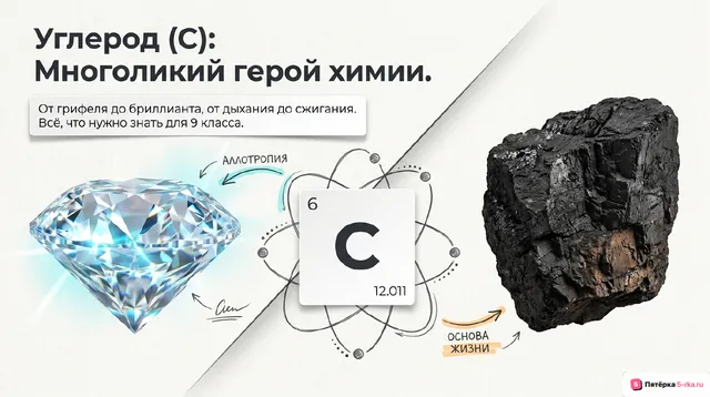 Обложка презентации к уроку «Углерод, распространение в природе, физические и химические свойства»