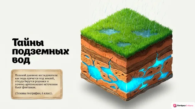 Обложка презентации к уроку «Подземные воды, их происхождение, условия залегания и использования»