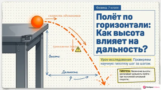 Обложка презентации к уроку «Урок-исследование "Проверка гипотезы: дальность полёта шарика, пущенного горизонтально, тем больше, чем больше высота пуска"»